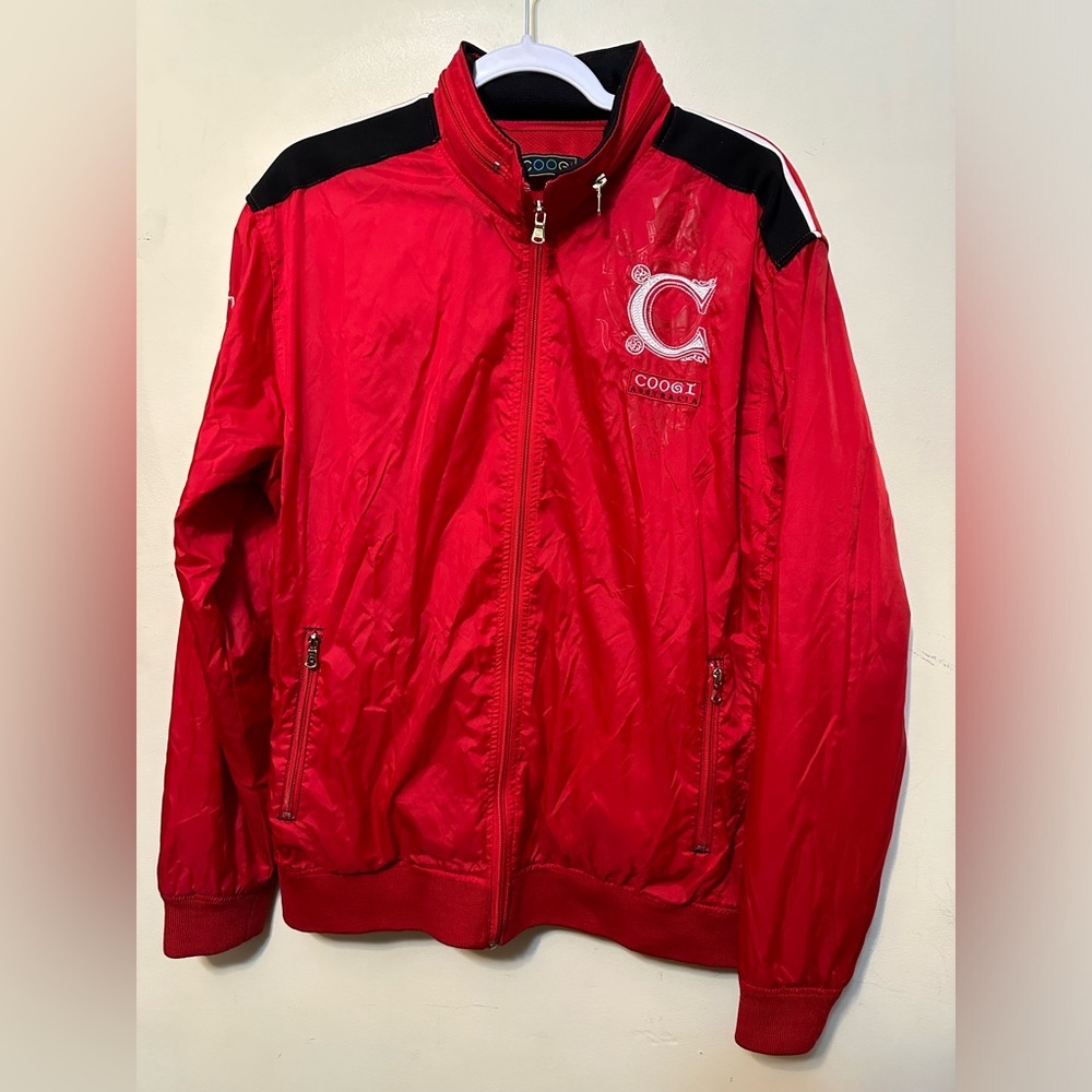 Coogi‎ Bomber Jacket With Hood Size Large Red Vintage Retro Logo Embroidered